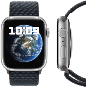 Vista frontale e laterale del nuovo Apple Watch a impatto neutro.